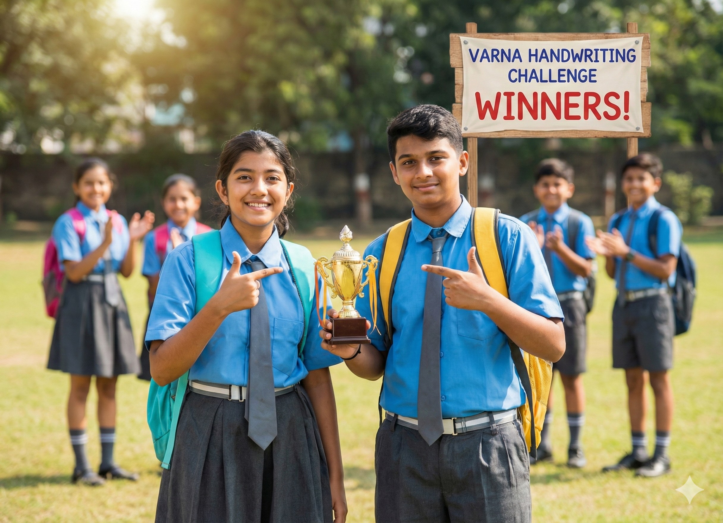 VARNA Handwriting Champion winners celebrating with trophies